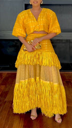 Women V-neck Striped Top + Patchwork Tassel Half Skirt Dinner Party Style Set