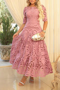 Women Round Neck Hollow Lace Elegant Temperament Dress
