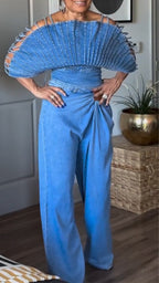 Women Camisole Fan-shaped Top + Pants Casual Denim Set