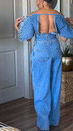 Women Camisole Fan-shaped Top + Pants Casual Denim Set