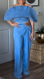 Women Camisole Fan-shaped Top + Pants Casual Denim Set