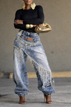 Women's Rhinestone Tassel Faux Two-piece Jeans
