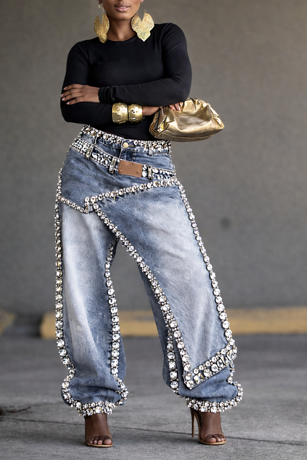 Women's Rhinestone-studded Faux Two-piece Jeans