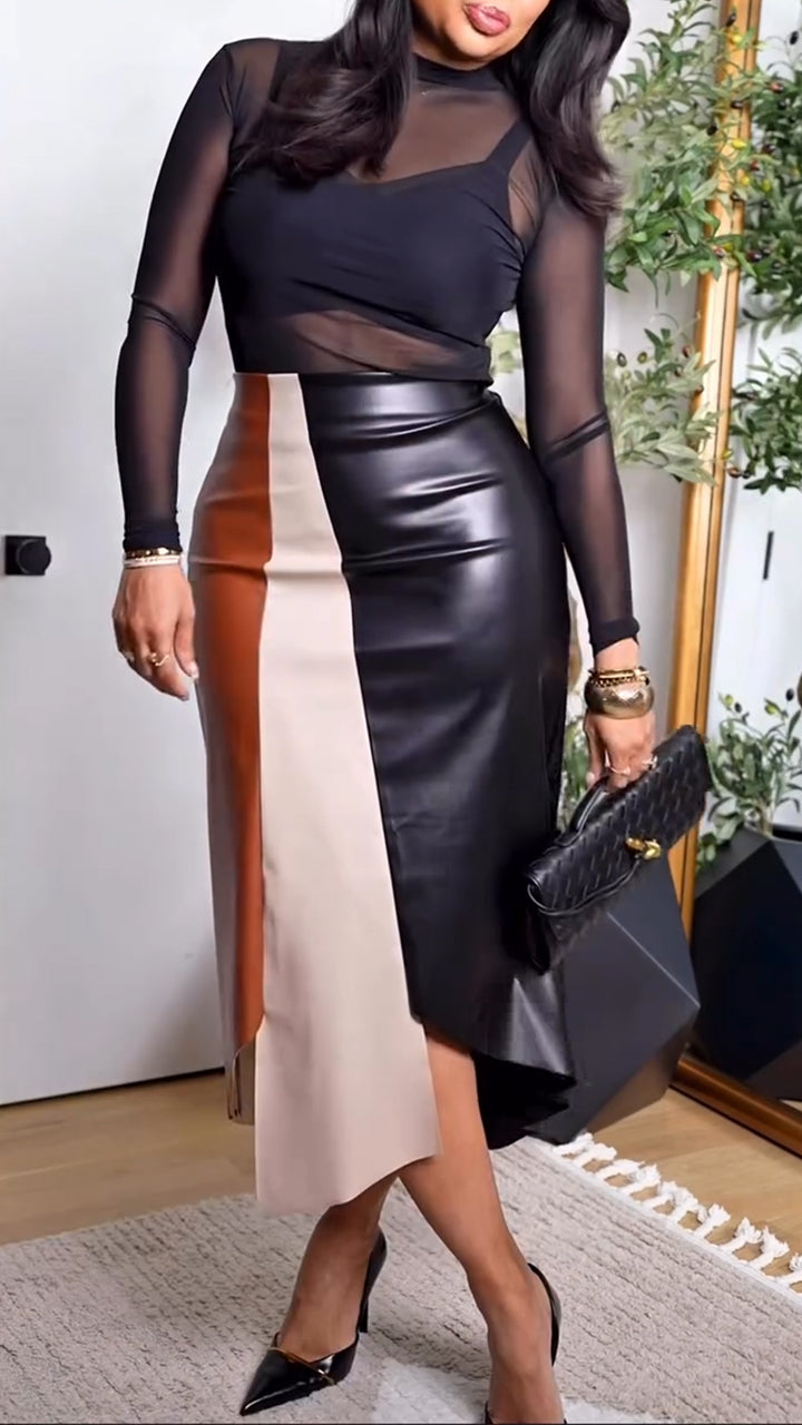 Women Round Neck See Through Top + Contrasting Half Skirt Casual Set with Temperament