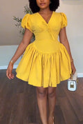 Women V-neck Patchwork Solid Color Elegant Temperament Dress