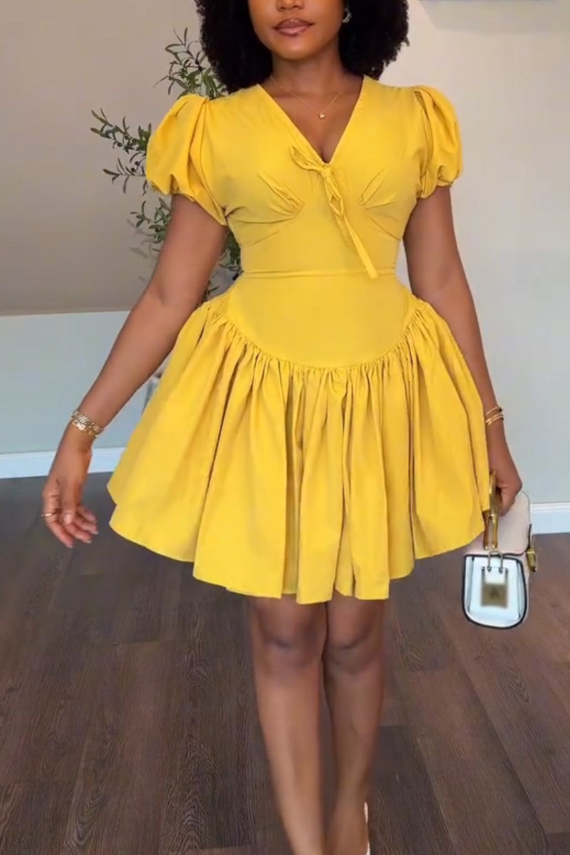 Women V-neck Patchwork Solid Color Elegant Temperament Dress