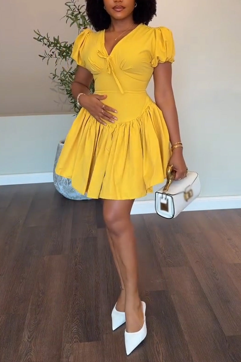 Women V-neck Patchwork Solid Color Elegant Temperament Dress