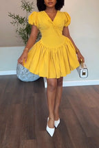Women V-neck Patchwork Solid Color Elegant Temperament Dress