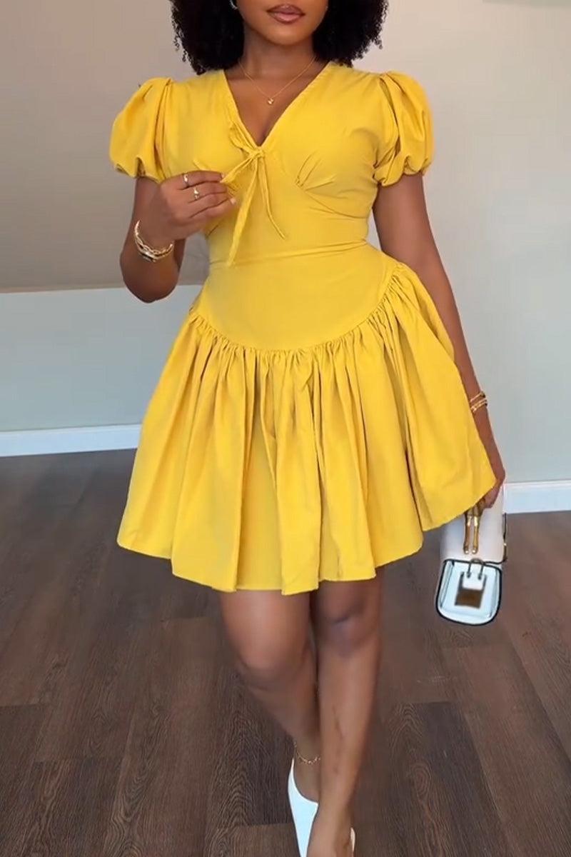 Women V-neck Patchwork Solid Color Elegant Temperament Dress