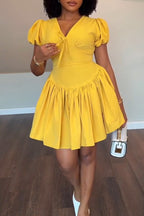 Women V-neck Patchwork Solid Color Elegant Temperament Dress