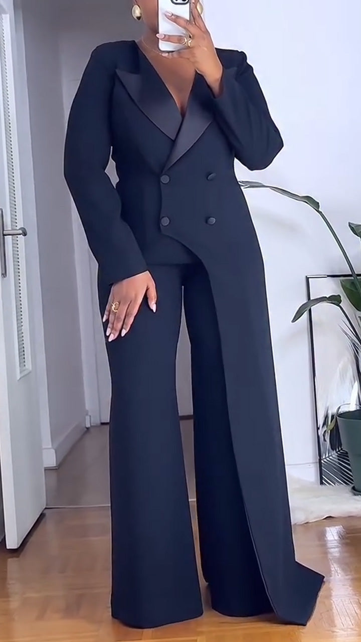 Women Collar Irregular Jacket + Pants Solid Color Temperament Commuting Suit