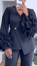 Women V-neck Ruffled Bubble Sleeve Jacket+ Pants Solid Color Temperament Commuting Set