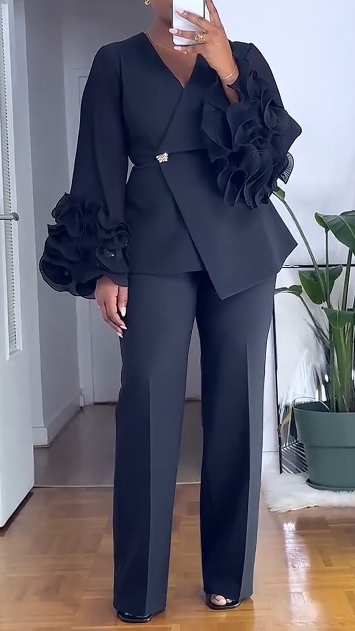 Women V-neck Ruffled Bubble Sleeve Jacket+ Pants Solid Color Temperament Commuting Set