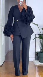 Women V-neck Ruffled Bubble Sleeve Jacket+ Pants Solid Color Temperament Commuting Set