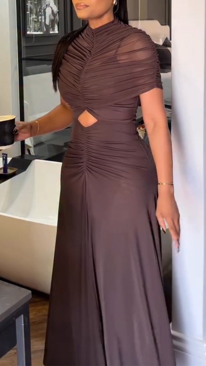 Women Round Neck Patchwork Hollow Pleated Solid Color Elegant Temperament Dress