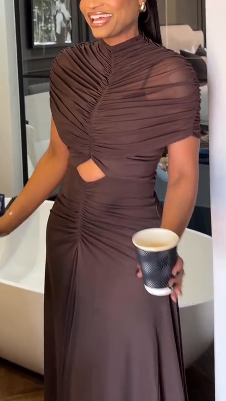 Women Round Neck Patchwork Hollow Pleated Solid Color Elegant Temperament Dress