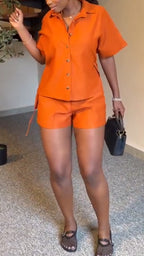 Women Lapel Breasted Top + Shorts Casual Suit