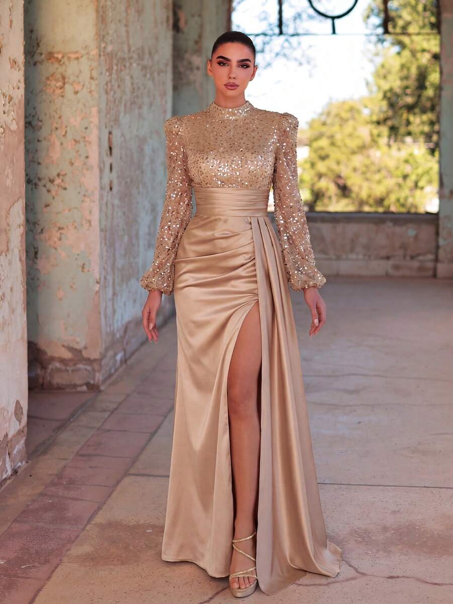 Faeriesty Elegant High Neck Long Sleeve Evening Gown, Featuring Faux Pearl Embellishments And Satin Contrast Design, Suitable For Red Carpet, Galas, Weddings, And Formal Dinners Party