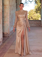 Faeriesty Elegant High Neck Long Sleeve Evening Gown, Featuring Faux Pearl Embellishments And Satin Contrast Design, Suitable For Red Carpet, Galas, Weddings, And Formal Dinners Party