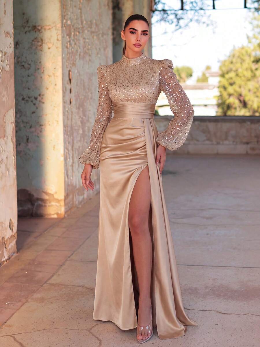 Faeriesty Elegant High Neck Long Sleeve Evening Gown, Featuring Faux Pearl Embellishments And Satin Contrast Design, Suitable For Red Carpet, Galas, Weddings, And Formal Dinners Party