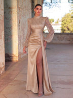 Faeriesty Elegant High Neck Long Sleeve Evening Gown, Featuring Faux Pearl Embellishments And Satin Contrast Design, Suitable For Red Carpet, Galas, Weddings, And Formal Dinners Party