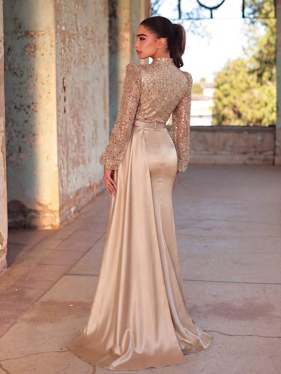 Faeriesty Elegant High Neck Long Sleeve Evening Gown, Featuring Faux Pearl Embellishments And Satin Contrast Design, Suitable For Red Carpet, Galas, Weddings, And Formal Dinners Party