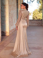 Faeriesty Elegant High Neck Long Sleeve Evening Gown, Featuring Faux Pearl Embellishments And Satin Contrast Design, Suitable For Red Carpet, Galas, Weddings, And Formal Dinners Party