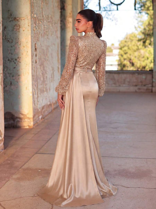 Faeriesty Elegant High Neck Long Sleeve Evening Gown, Featuring Faux Pearl Embellishments And Satin Contrast Design, Suitable For Red Carpet, Galas, Weddings, And Formal Dinners Party