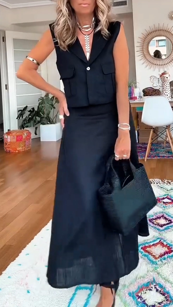 Women Collar Sleeveless Vest + Half Skirt Casual Suit