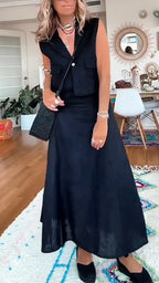 Women Collar Sleeveless Vest + Half Skirt Casual Suit
