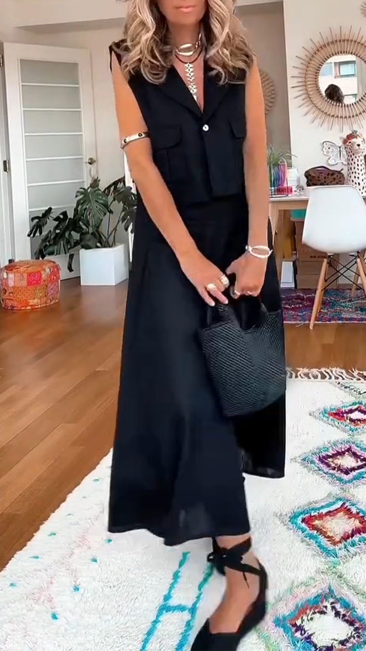 Women Collar Sleeveless Vest + Half Skirt Casual Suit