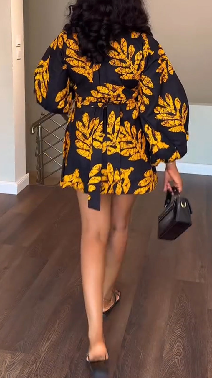 Womens V-neck Printed Buckle Elegant Casual Dress