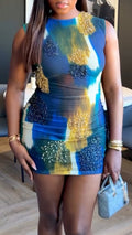 Women Round Neck Sleeveless Cross Dyed Patchwork Nail Bead Wrapped Hip Dress