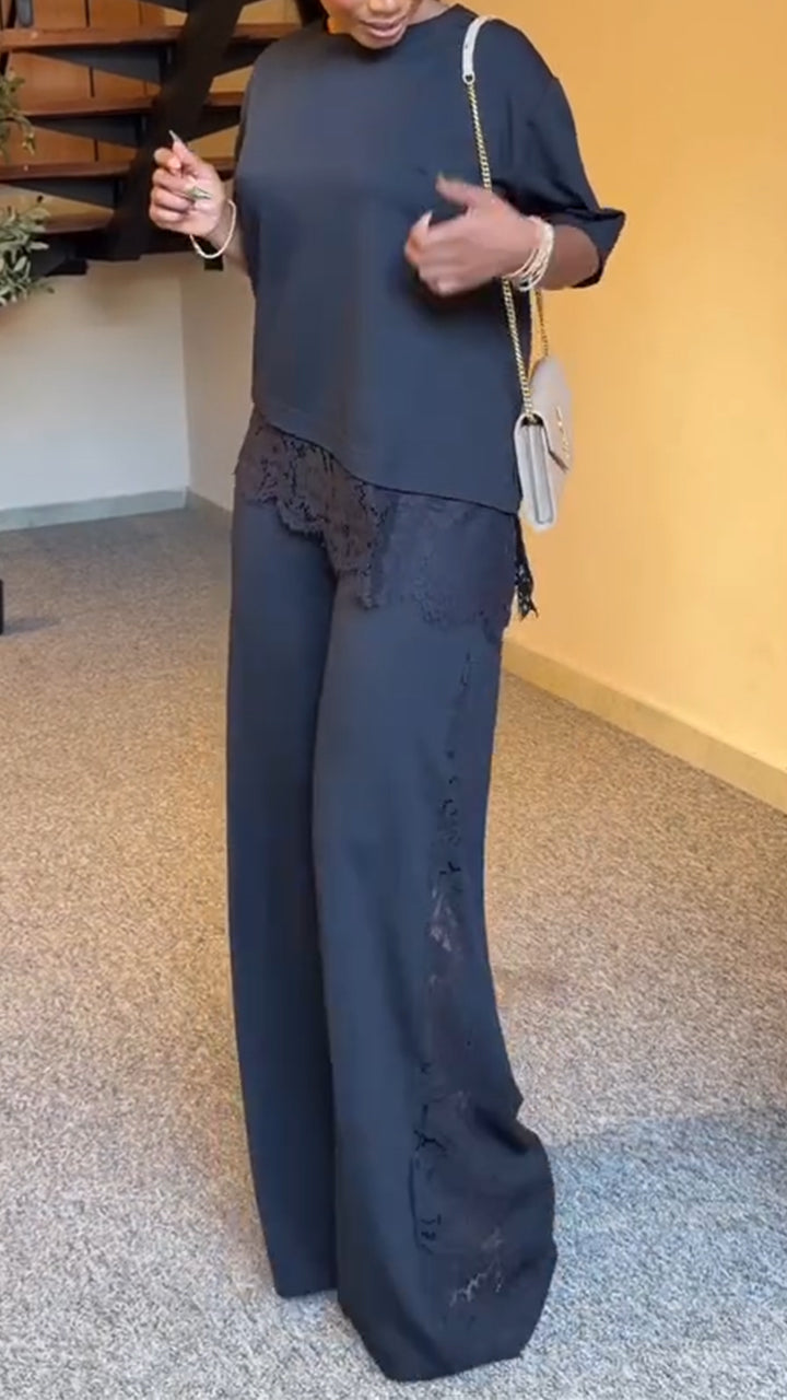 Women Round Neck Patchwork Lace Print Top + Wide Leg Pants Casual Set