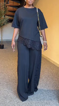 Women Round Neck Patchwork Lace Print Top + Wide Leg Pants Casual Set