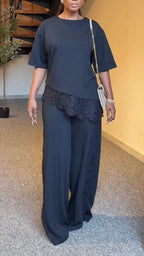 Women Round Neck Patchwork Lace Print Top + Wide Leg Pants Casual Set