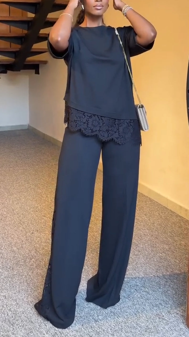 Women Round Neck Patchwork Lace Print Top + Wide Leg Pants Casual Set
