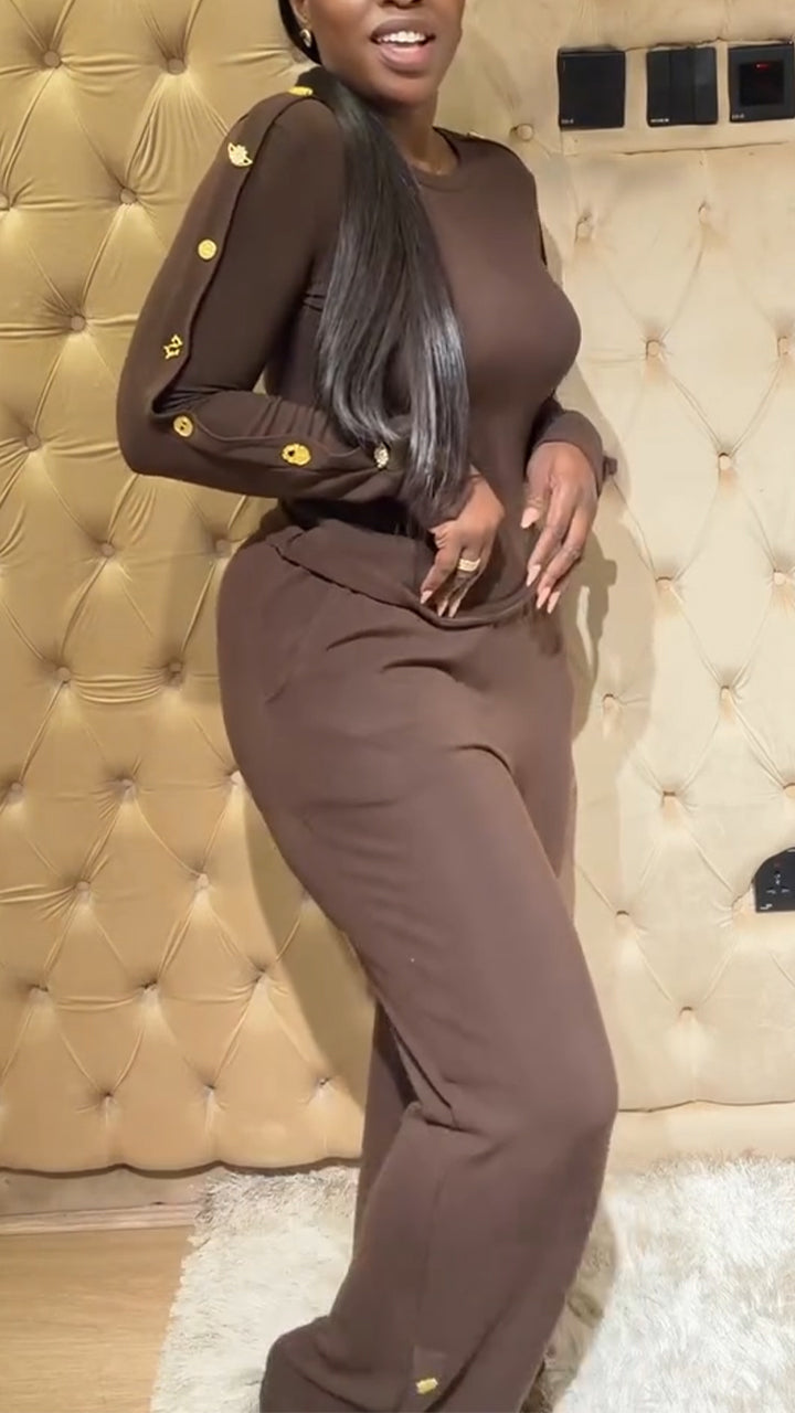 Women Round Neck Sleeve Metal Button Top + Pants Casual Suit