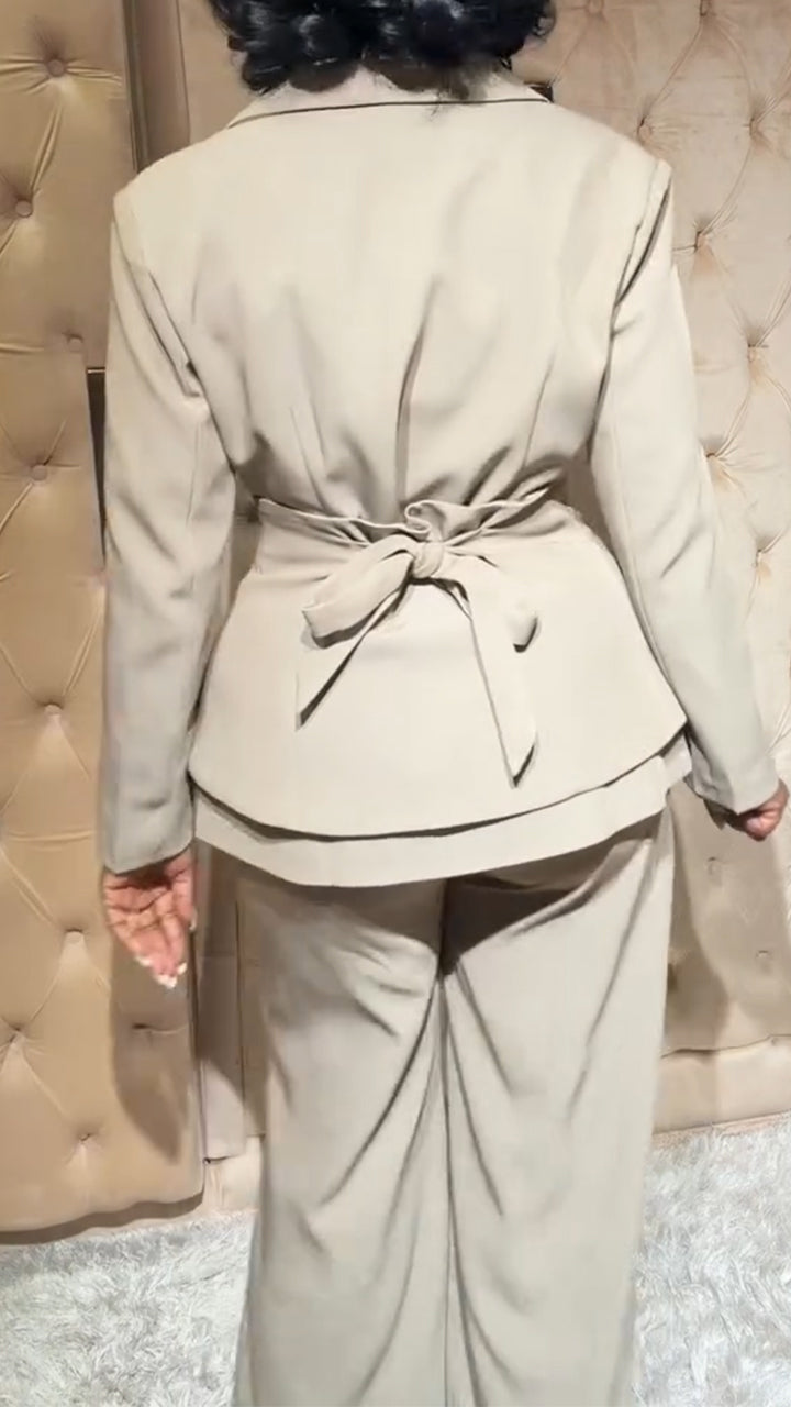 Women Collar Tie Waist Cinching Temperament Commuting Three Piece Set