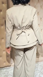 Women Collar Tie Waist Cinching Temperament Commuting Three Piece Set