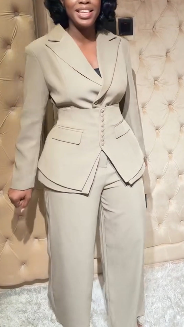 Women Collar Tie Waist Cinching Temperament Commuting Three Piece Set