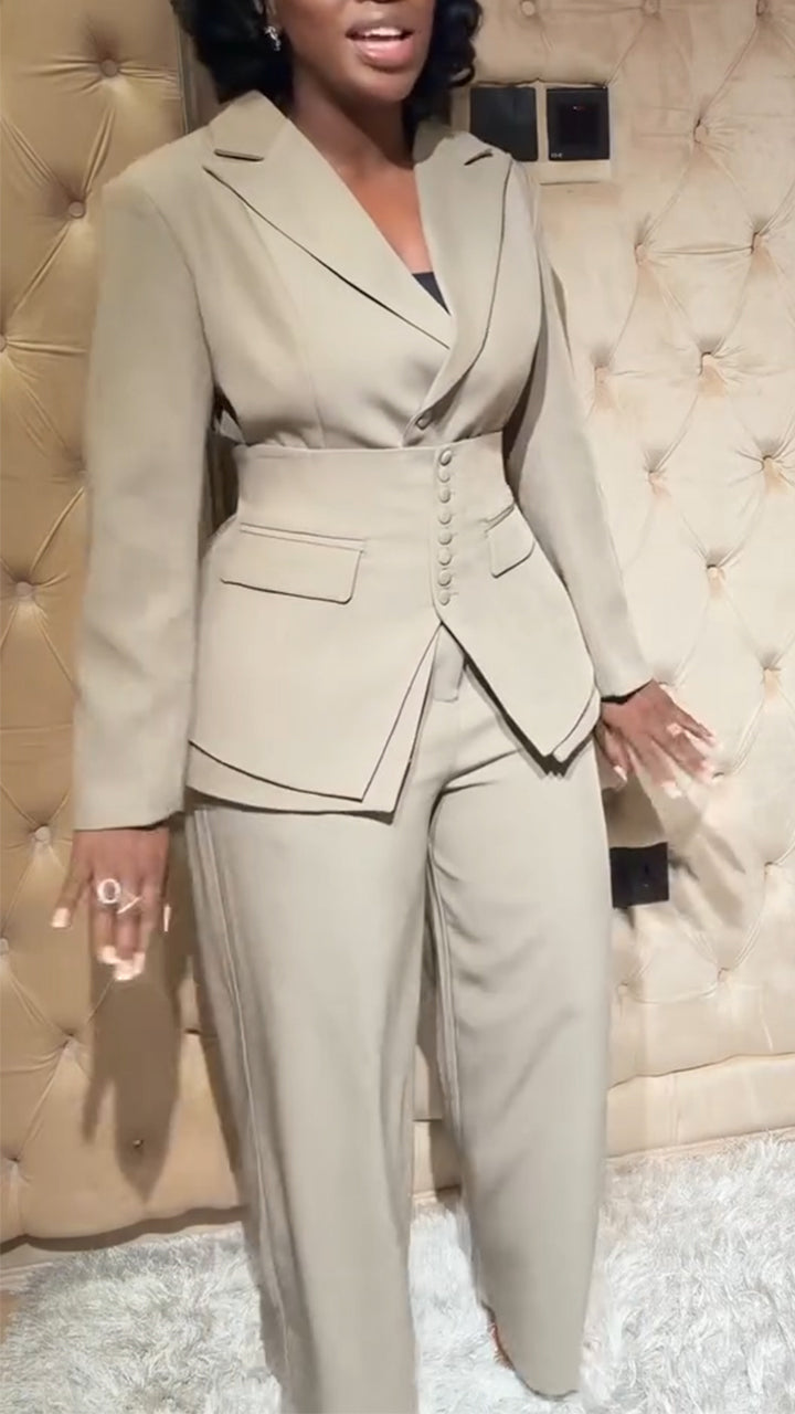 Women Collar Tie Waist Cinching Temperament Commuting Three Piece Set