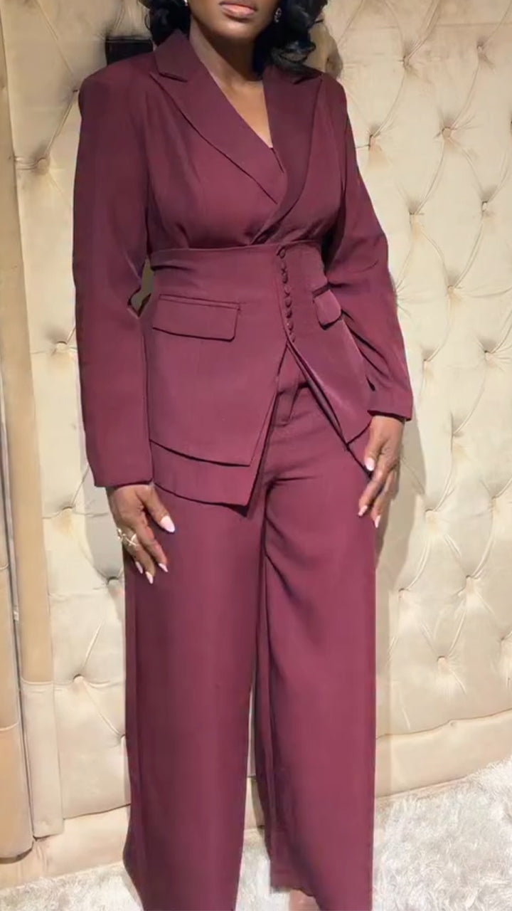 Women Collar Tie Waist Cinching Temperament Commuting Three Piece Set