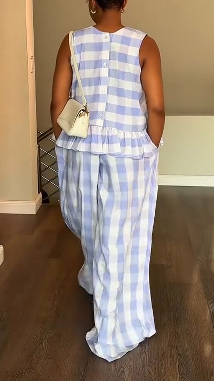 Women Round Neck Plaid Patchwork Top + Pants Casual Suit