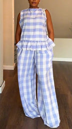 Women Round Neck Plaid Patchwork Top + Pants Casual Suit