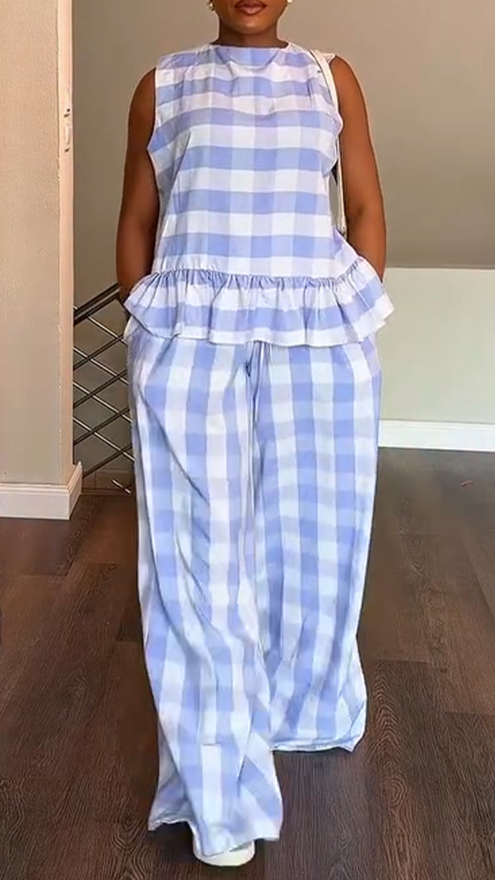 Women Round Neck Plaid Patchwork Top + Pants Casual Suit