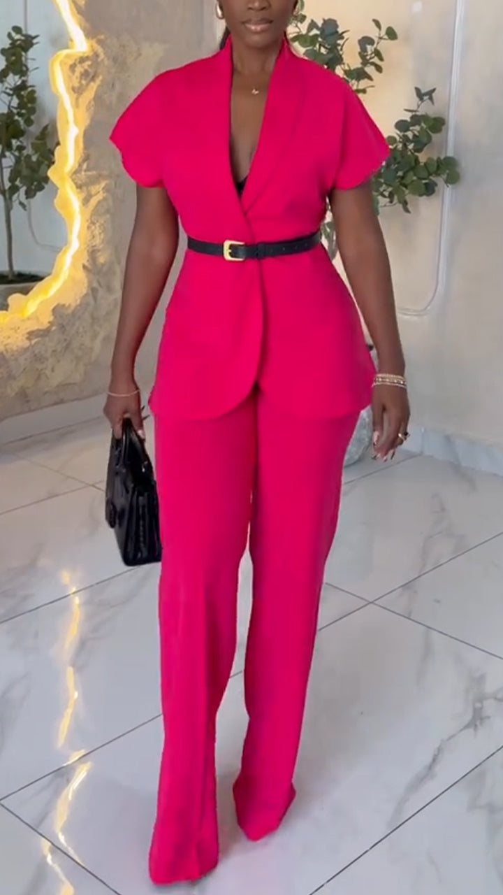 Women Collar Short Sleeved Blazer + Pants Solid Color Temperament Commuting Suit