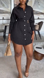 Women Lapel Breasted Vertical Stripe Casual Dress with Temperament