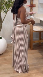 Women Halter Neck Fitted Waist Vertical Striped Elegant Casual Dress