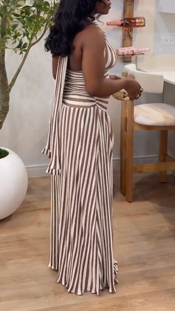 Women Halter Neck Fitted Waist Vertical Striped Elegant Casual Dress